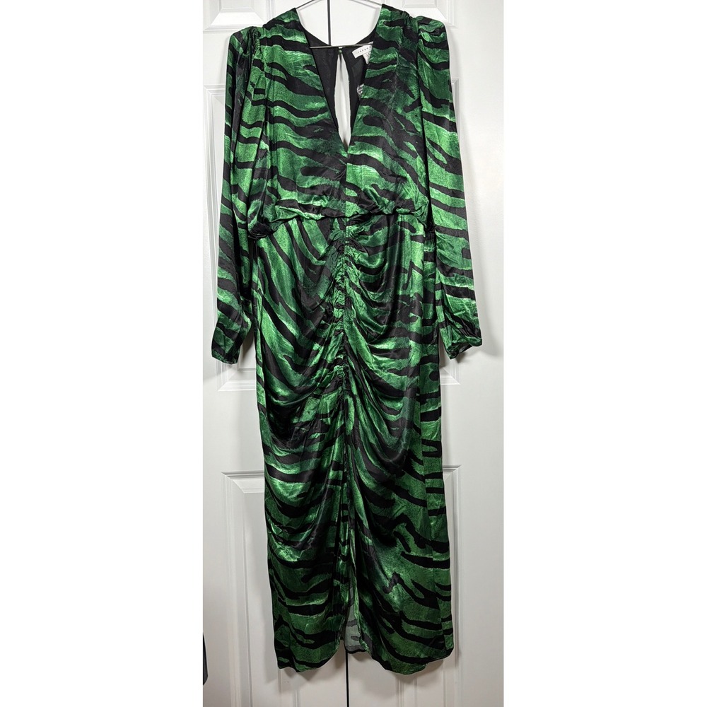 NWT Topshop Green Black Zebra Print Ruched V-Neck Midi Dress Long Sleeve sz12 - Picture 2 of 13